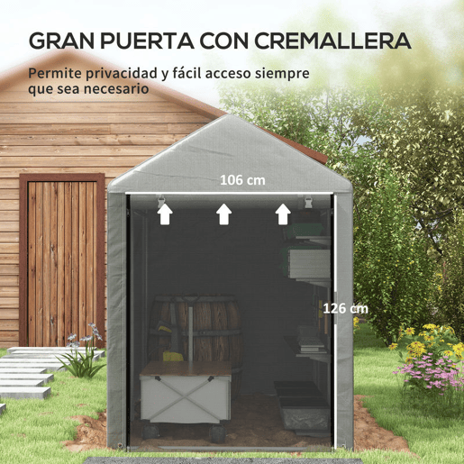 Outsunny Abrigo para Ferramentas Bicicletas e Motos 1,2x1,8x1,65 m Garagem Portátil com 2 Habitações Porta com Fecho de Correr Impermeável Anti-UV para Jardim Cinza Claro