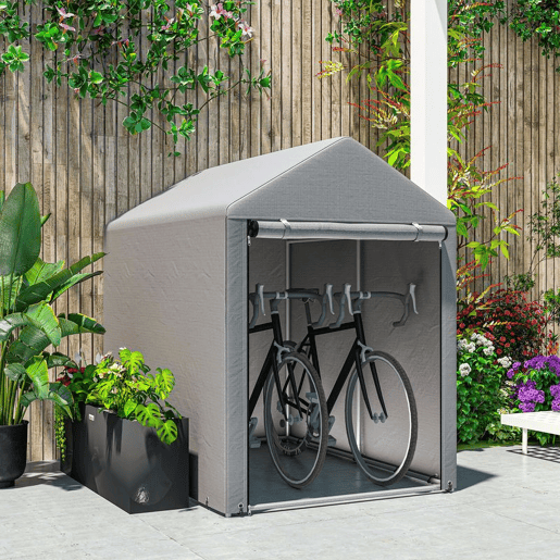 Outsunny Abrigo para Ferramentas Bicicletas e Motos 1,2x1,8x1,65 m Garagem Portátil com 2 Habitações Porta com Fecho de Correr Impermeável Anti-UV para Jardim Cinza Claro