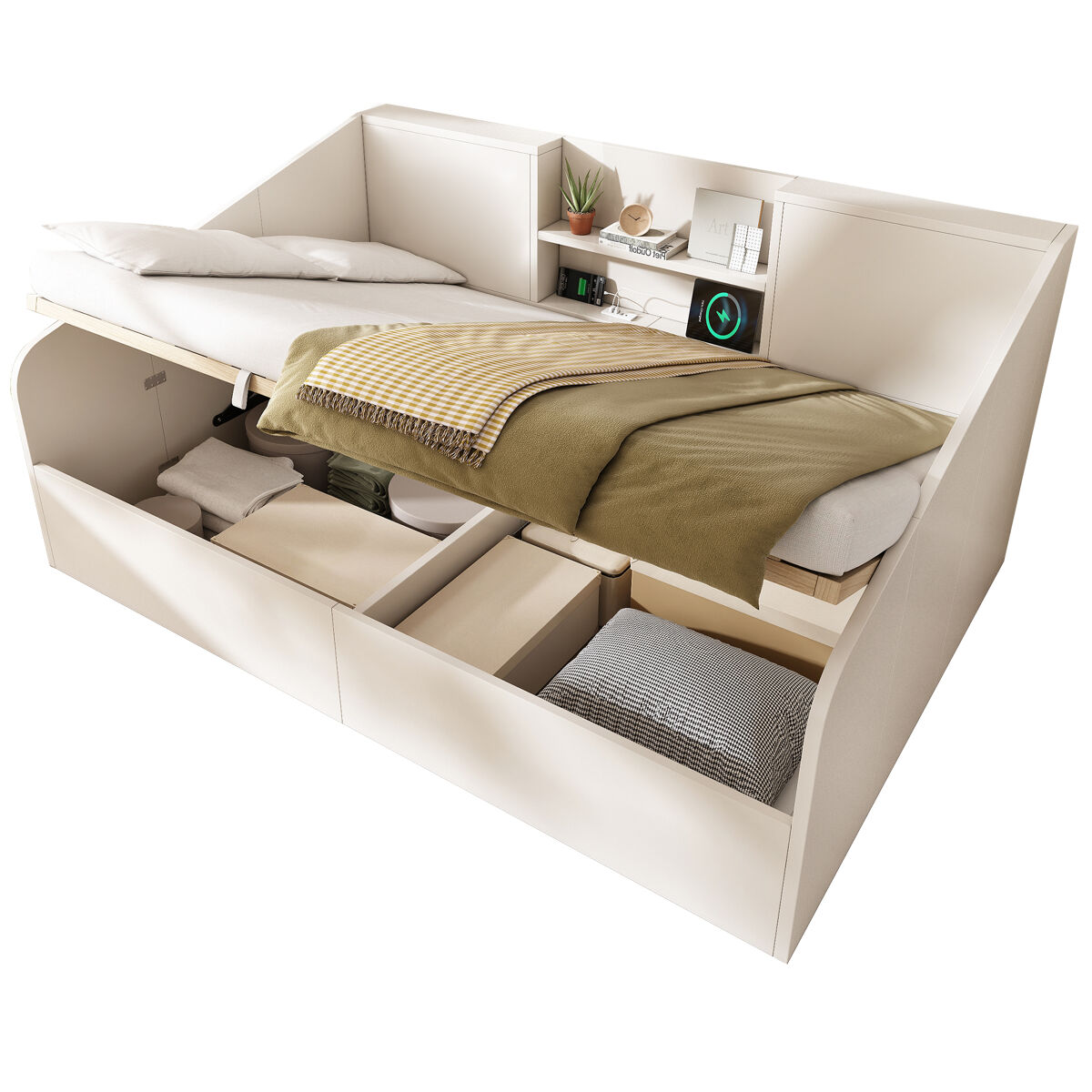 Sofá cama de matrimonio de madera maciza con almacenaje