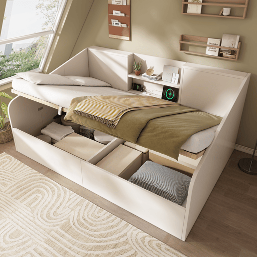 Sofá cama de casal de madeira maciça 140x190 cm com armazenamento,branco