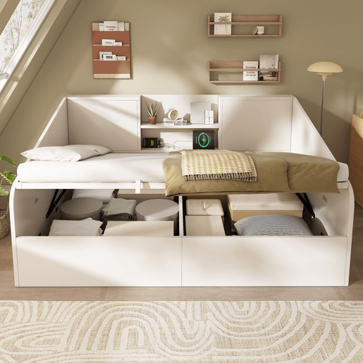Sofá cama de casal de madeira maciça 140x190 cm com armazenamento,branco