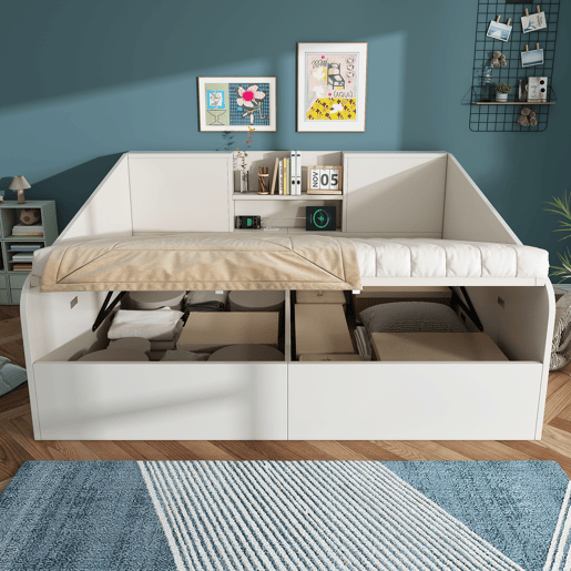 Sofá cama de casal de madeira maciça 140x190 cm com armazenamento,branco