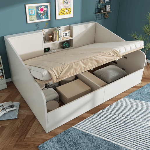 Sofá cama de casal de madeira maciça 140x190 cm com armazenamento,branco