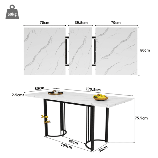 Mesa de jantar extensível retangular 140-179,5máx cm de mdf,branco+preto Mesa de jantar extensível retangular 140-179,5máx cm de mdf,branco+preto