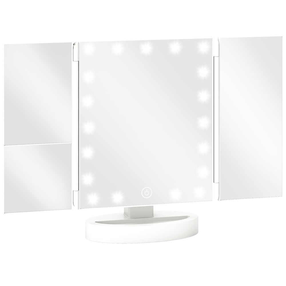 Homcom espejo maquillaje con luz, espejo tocador triple, con aumento 1x/2x/3x, rotación libre de 180°, 21 luces led, interruptor táctil, fuente de alimentación dual, blanco