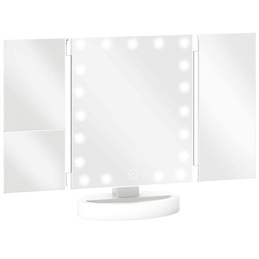 HOMCOM Espelho de Maquilhagem com Luz Espelho de Toucador Triplo com Aumento 1x2x3x Rotação Livre de 180° 21 Luzes LED Interruptor Tátil Fonte de Alimentação Dupla Branco