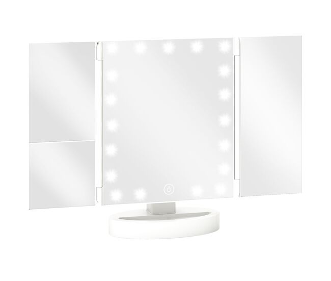 Homcom espejo maquillaje con luz, espejo tocador triple, con aumento 1x/2x/3x, rotación libre de 180°, 21 luces led, interruptor táctil, fuente de alimentación dual, blanco