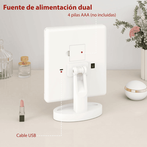 HOMCOM Espelho de Maquilhagem com Luz Espelho de Toucador Triplo com Aumento 1x2x3x Rotação Livre de 180° 21 Luzes LED Interruptor Tátil Fonte de Alimentação Dupla Branco