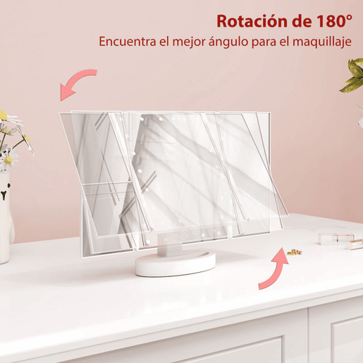 HOMCOM Espelho de Maquilhagem com Luz Espelho de Toucador Triplo com Aumento 1x2x3x Rotação Livre de 180° 21 Luzes LED Interruptor Tátil Fonte de Alimentação Dupla Branco