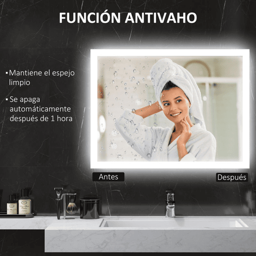 kleankin Espelho Casa de Banho com Luzes LED 80x60 cm Espelho de Parede com Função Antiembaciamento 3 Cores Função de Memória Interruptor Tátil e Classificação IP44 Horizontal ou Vertical Prata