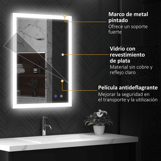 kleankin Espelho Casa de Banho com Luzes LED 80x60 cm Espelho de Parede com Função Antiembaciamento 3 Cores Função de Memória Interruptor Tátil e Classificação IP44 Horizontal ou Vertical Prata