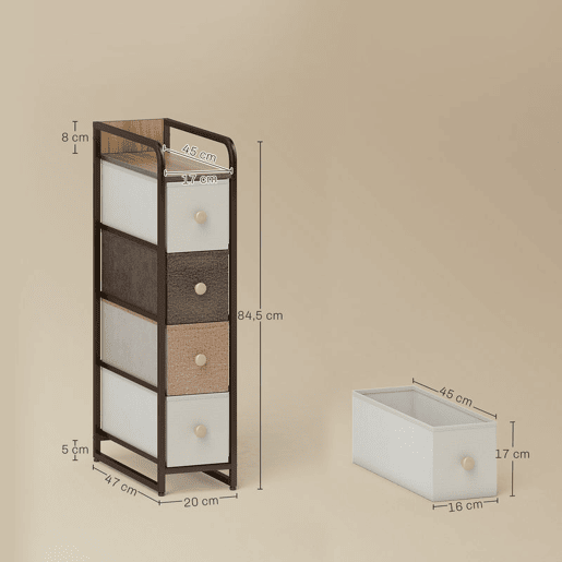 HOMCOM Cómoda com 4 Gavetas de Tecido Dobráveis, Cómoda Estreita para Quarto com Estrutura Metálica, Gaveteiro para Espaços Pequenos, Sala de Estar, Closet, Casa de Banho, Multicolorido