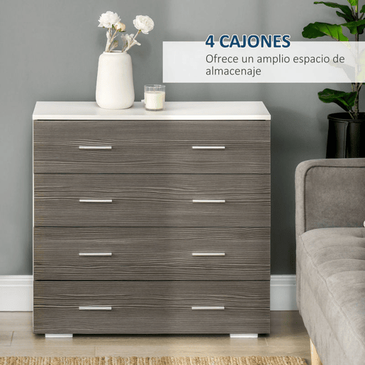 HOMCOM Cómoda com 4 Gavetas Cómoda Auxiliar de Armazenamento Moderna para Dormitório Corredor Sala de Estar 76x35x72cm Cinzento e Branco