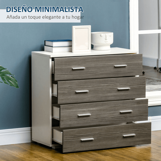 HOMCOM Cómoda com 4 Gavetas Cómoda Auxiliar de Armazenamento Moderna para Dormitório Corredor Sala de Estar 76x35x72cm Cinzento e Branco