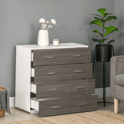HOMCOM Cómoda com 4 Gavetas Cómoda Auxiliar de Armazenamento Moderna para Dormitório Corredor Sala de Estar 76x35x72cm Cinzento e Branco