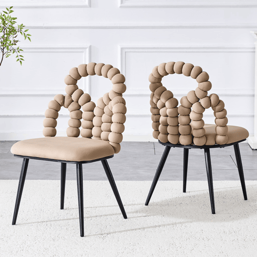 Cadeiras de sala de jantar 2 unidades - Encosto com corrente de bolas, pernas metálicas pretas, versáteis - Camel