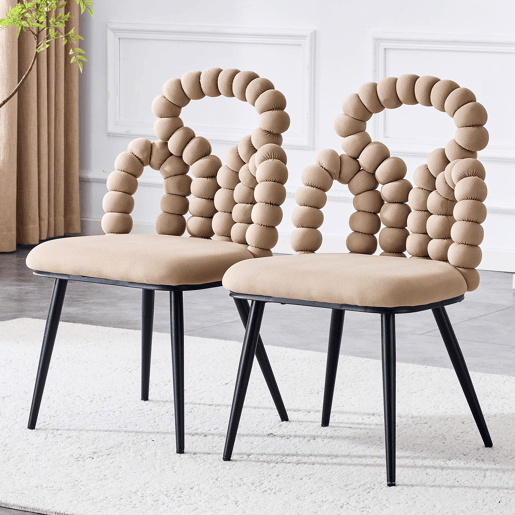 Cadeiras de sala de jantar 2 unidades - Encosto com corrente de bolas, pernas metálicas pretas, versáteis - Camel