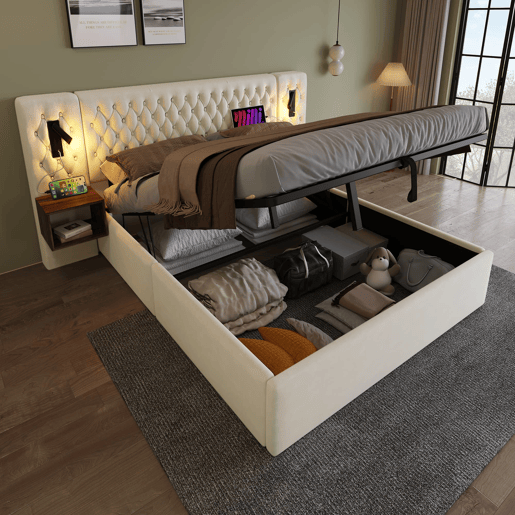 Cama de casal 180x200 cm - cama estofada com arrumação hidráulica, cabeceira com luz de leitura e USB, 2 mesas de cabeceira, sem colchão - veludo bege