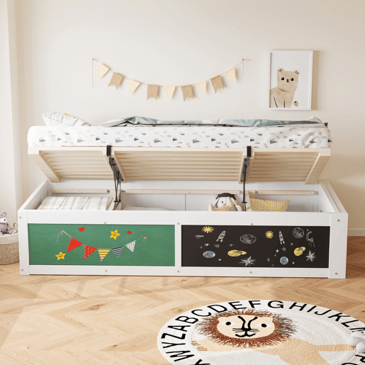 Cama individual 90x200 cm - Ajustável hidraulicamente, com mesa de escrita e arrumação - Branca