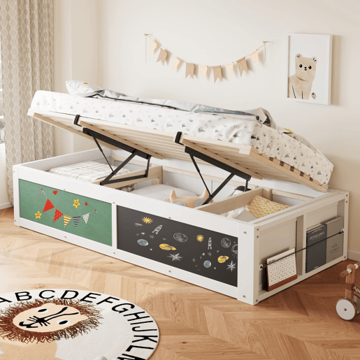 Cama individual 90x200 cm - Ajustável hidraulicamente, com mesa de escrita e arrumação - Branca