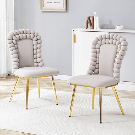 Cadeiras de sala de jantar 2 unidades - Encosto com correntes de bolas, pernas em metal dourado - Cinza claro
