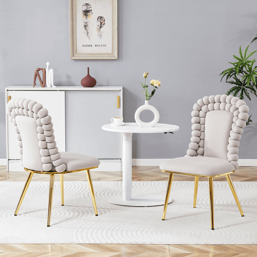 Cadeiras de sala de jantar 2 unidades - Encosto com correntes de bolas, pernas em metal dourado - Cinza claro
