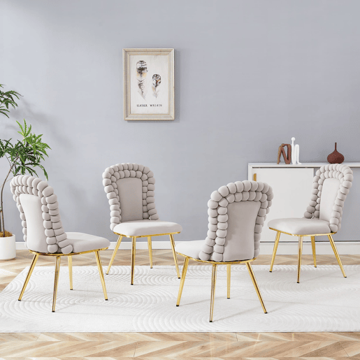 Cadeiras de sala de jantar 2 unidades - Encosto com correntes de bolas, pernas em metal dourado - Cinza claro