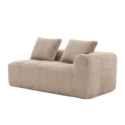 Sofá de veludo cotelê de dois lugares - Sem montagem, almofadas macias, bolso lateral e porta-copos integrado