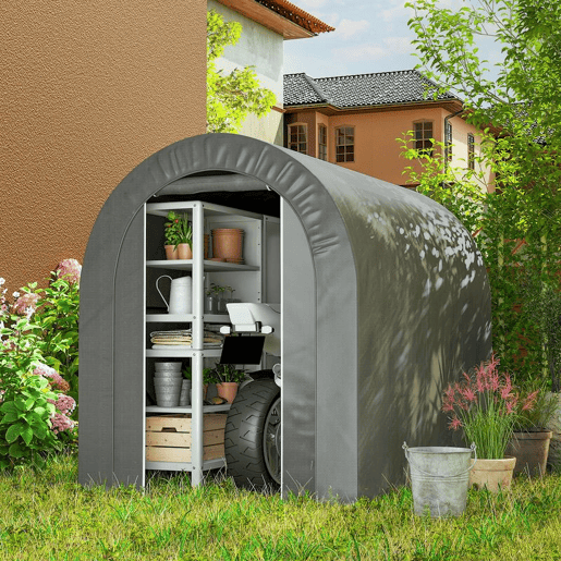 Outsunny Tenda de Jardim Exterior para Ferramentas Bicicletas 2,4x1,6x1,9 m Abrigo Exterior com Estrutura em Aço Porta Enrolável com Fecho Impermeável Garagem Portátil Cinzento Claro