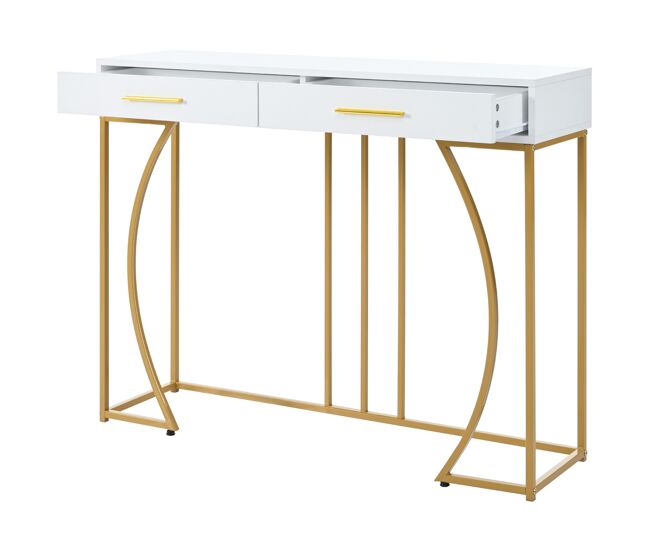 Consola de mdf com 2 cajones,blanco+dorado