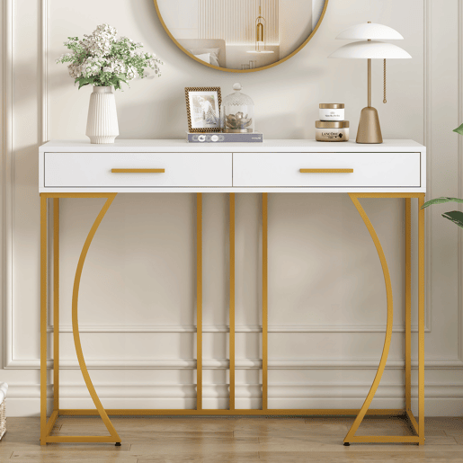 Consola de mdf com 2 gavetas,branco+dourado