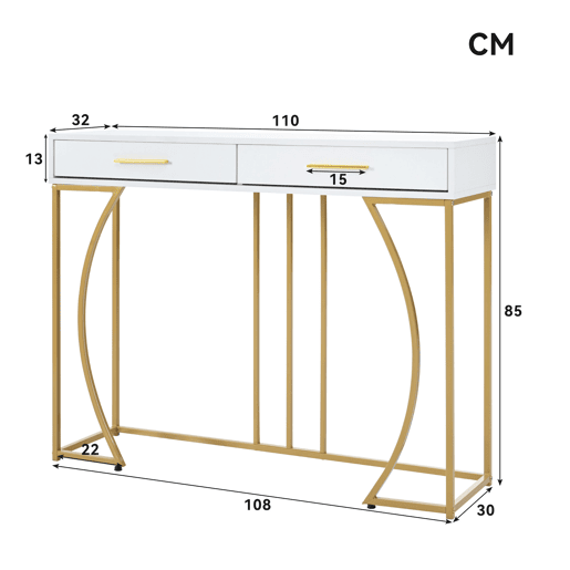 Consola de mdf com 2 gavetas,branco+dourado