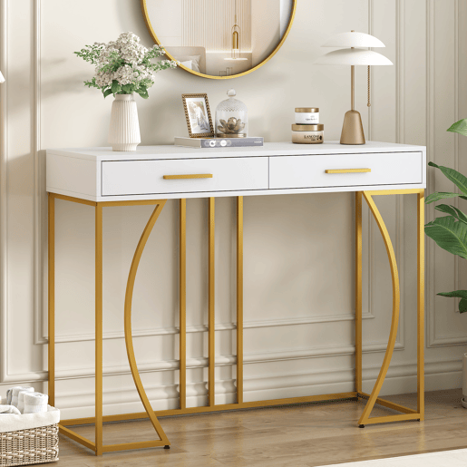 Consola de mdf com 2 gavetas,branco+dourado