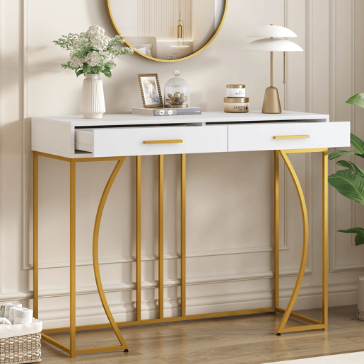 Consola de mdf com 2 gavetas,branco+dourado
