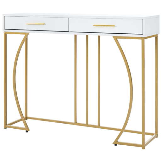 Consola de mdf com 2 gavetas,branco+dourado