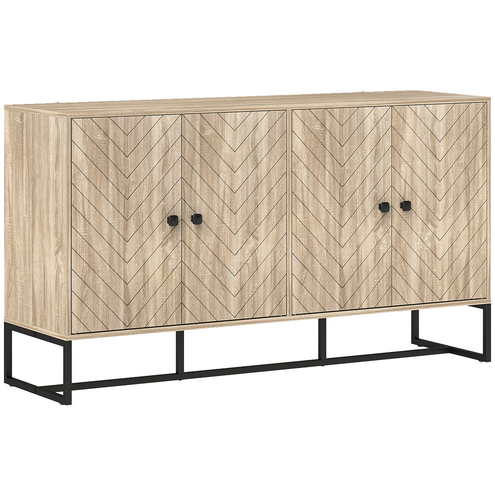 Homcom aparador de 4 puertas con diseño chevron, aparador de salón con estantes ajustables, patas de acero, para cocina, entrada, dormitorio, roble, 140,5x40x81,5 cm