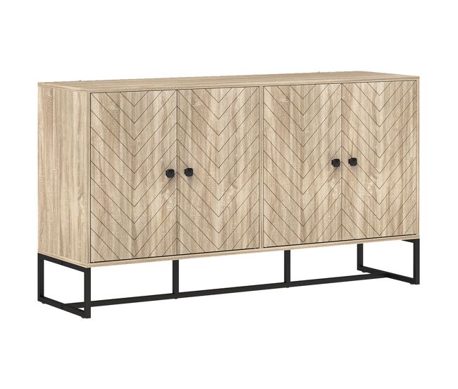 Homcom aparador de 4 puertas con diseño chevron, aparador de salón con estantes ajustables, patas de acero, para cocina, entrada, dormitorio, roble, 140,5x40x81,5 cm