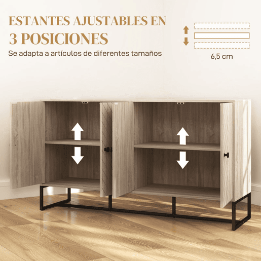 HOMCOM Aparador de 4 Portas com Design Chevron Aparador de Sala com Prateleiras Ajustáveis Pés de Aço para Cozinha Entrada Quarto 140,5x40x81,5 cm Carvalho