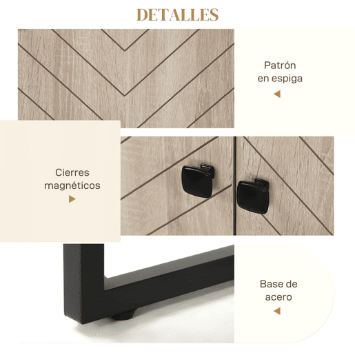 HOMCOM Aparador de 4 Portas com Design Chevron Aparador de Sala com Prateleiras Ajustáveis Pés de Aço para Cozinha Entrada Quarto 140,5x40x81,5 cm Carvalho