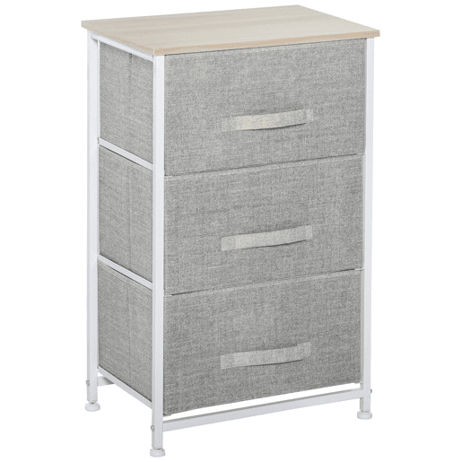 HOMCOM Mesa de Cabeceira com 3 Gavetas de Tecido Móvel de Arrumação Multifuncional para Dormitório Sala de Estar Corredor 45x30x71 cm Cinza e Branco