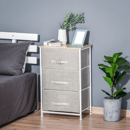 HOMCOM Mesa de Cabeceira com 3 Gavetas de Tecido Móvel de Arrumação Multifuncional para Dormitório Sala de Estar Corredor 45x30x71 cm Cinza e Branco