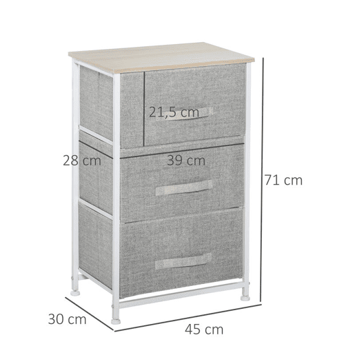 HOMCOM Mesa de Cabeceira com 3 Gavetas de Tecido Móvel de Arrumação Multifuncional para Dormitório Sala de Estar Corredor 45x30x71 cm Cinza e Branco