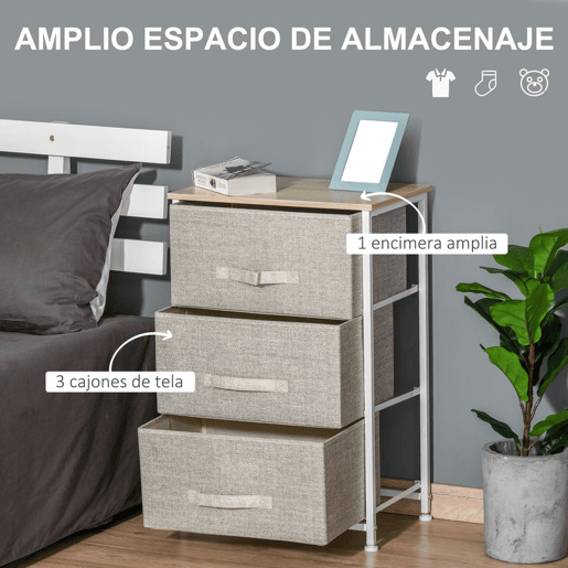 HOMCOM Mesa de Cabeceira com 3 Gavetas de Tecido Móvel de Arrumação Multifuncional para Dormitório Sala de Estar Corredor 45x30x71 cm Cinza e Branco