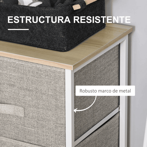 HOMCOM Mesa de Cabeceira com 3 Gavetas de Tecido Móvel de Arrumação Multifuncional para Dormitório Sala de Estar Corredor 45x30x71 cm Cinza e Branco