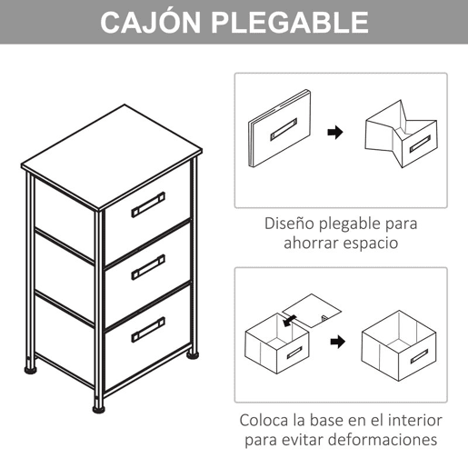 HOMCOM Mesa de Cabeceira com 3 Gavetas de Tecido Móvel de Arrumação Multifuncional para Dormitório Sala de Estar Corredor 45x30x71 cm Cinza e Branco