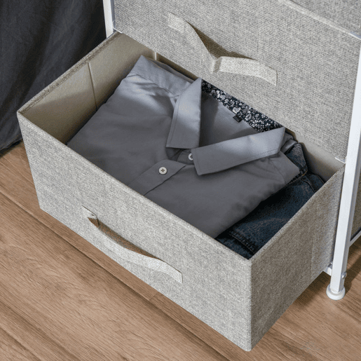 HOMCOM Mesa de Cabeceira com 3 Gavetas de Tecido Móvel de Arrumação Multifuncional para Dormitório Sala de Estar Corredor 45x30x71 cm Cinza e Branco