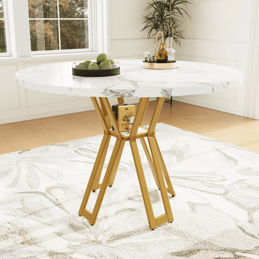 Mesa de jantar fixa redonda 100 cm de mdf,branco+dourado