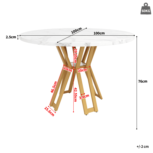 Mesa de jantar fixa redonda 100 cm de mdf,branco+dourado