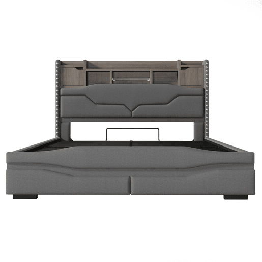 Cama estofada 160x200 - Armazenamento hidráulico, LED, USB-C, cabeceira com compartimento - Cinza