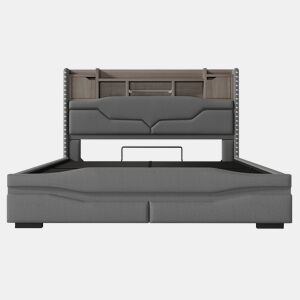 Cama estofada 160x200 - Armazenamento hidráulico, LED, USB-C, cabeceira com compartimento - Cinza